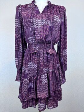 BCBG Paris Burgundy Boho Patchwork Smocked Tiered Ruffle Dress